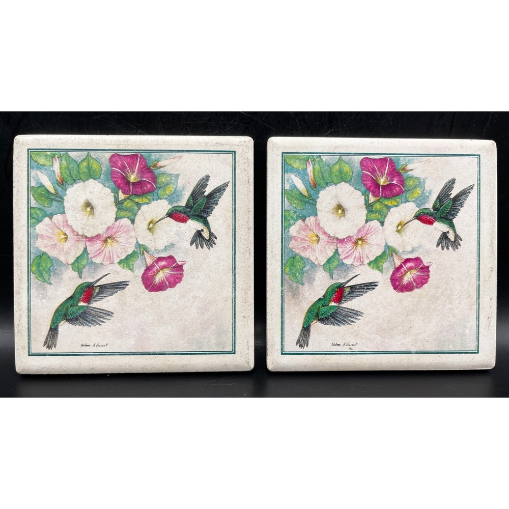Pair Ceramic Coasters Hummingbird Morning Glory Flower Art Gift Cork Base 3.75"